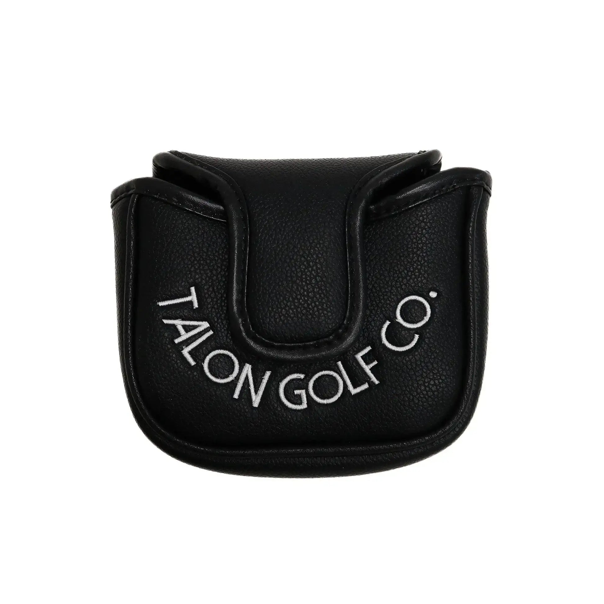 Black leather putter cover with white embroidery reading TALON GOLF CO.