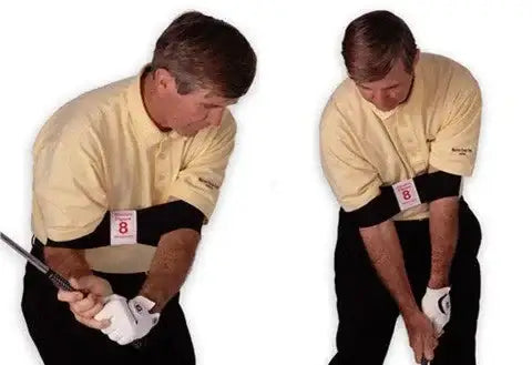 Man in yellow polo demonstrating Figure 8 golf swing grip with white glove on white background