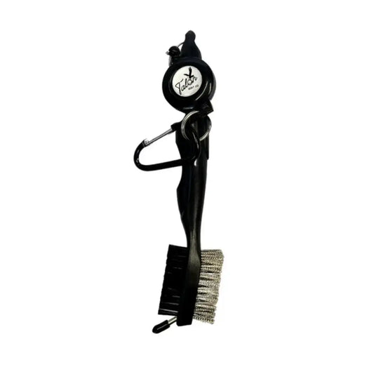 Black golf club cleaning brush with wire bristles, plastic handle, and attached Talon tag