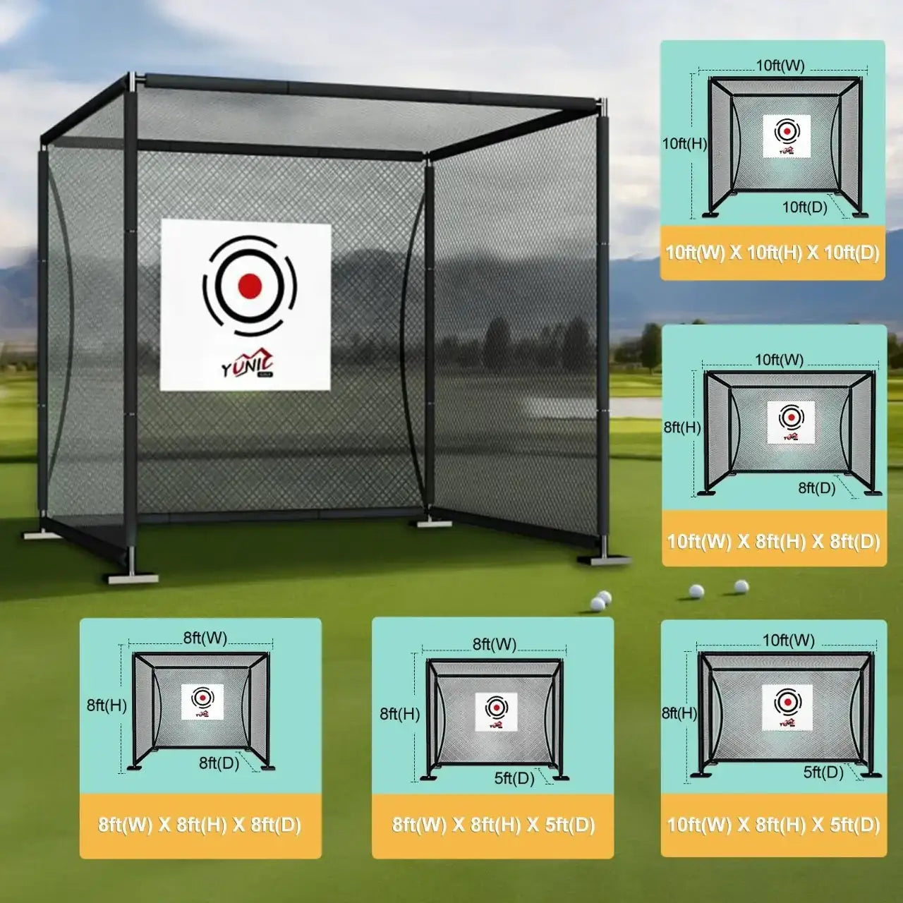 Golf driving practice cage with black netting and target, shown in various sizes with dimensions