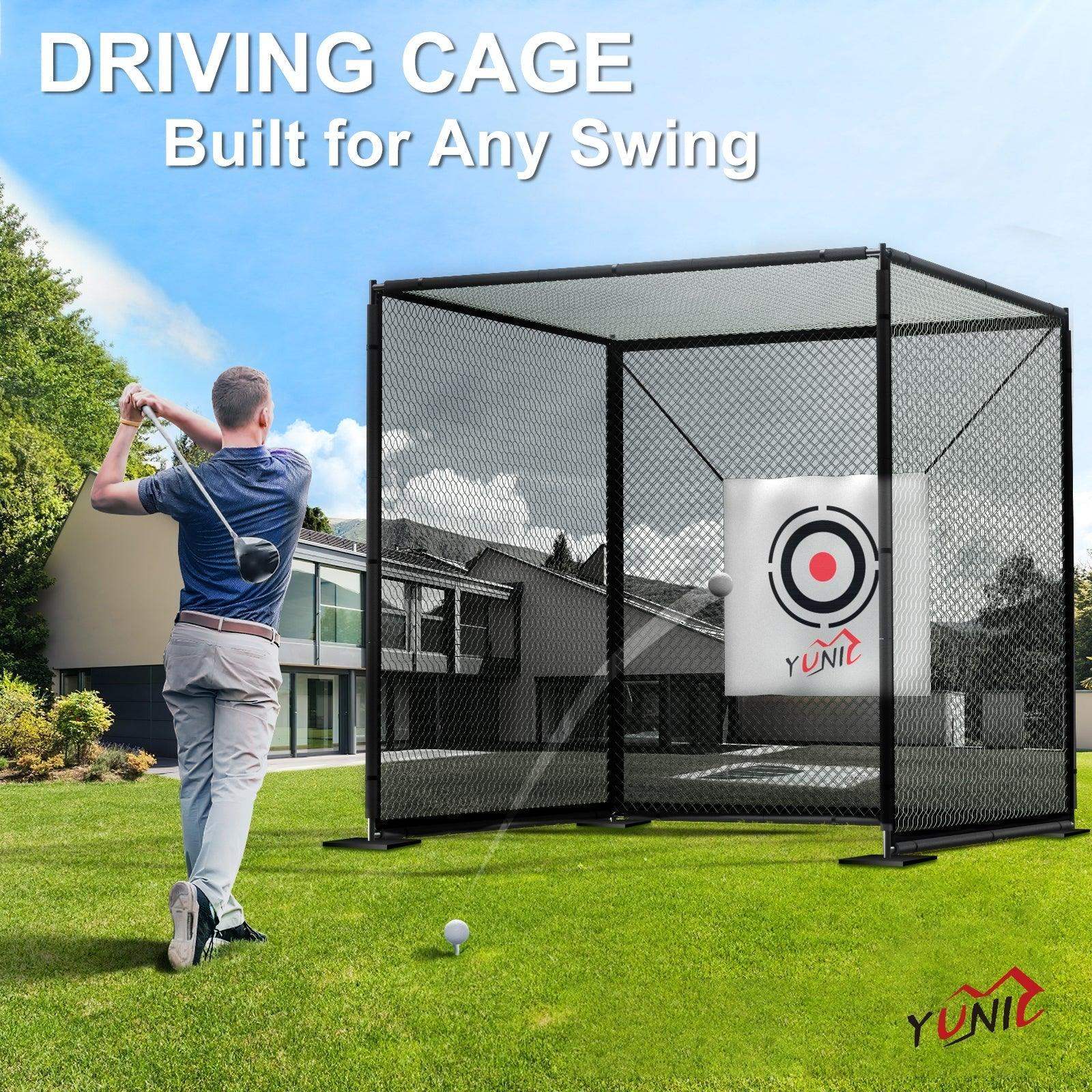 Man practicing golf swing in a black driving cage with target net on a green lawn
