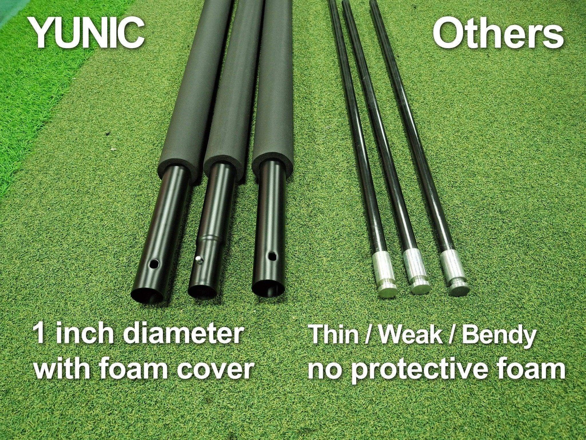 Comparison of YUNIC golf cage poles with 1 inch foam cover vs thin, weak black poles with no foam on green turf