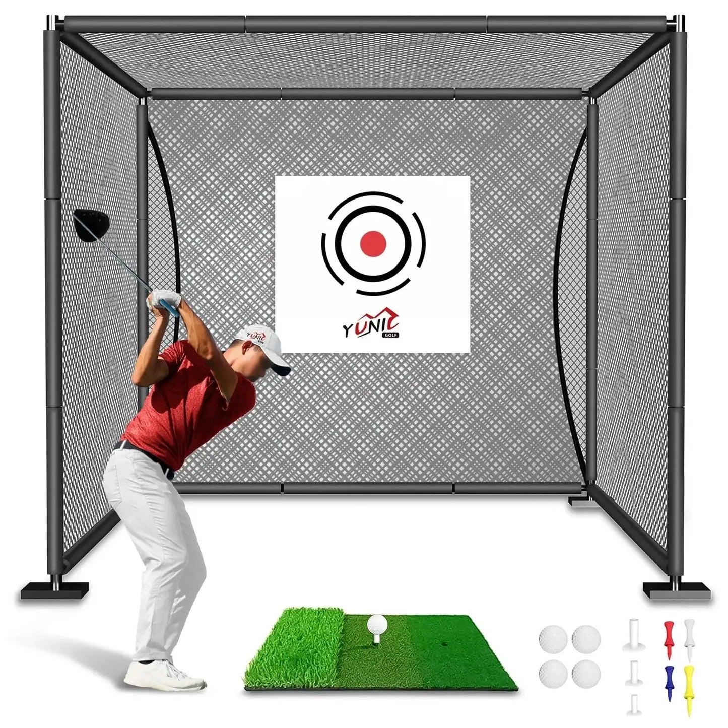 Man swinging golf club in black golf practice cage with green mat, golf balls, and tees