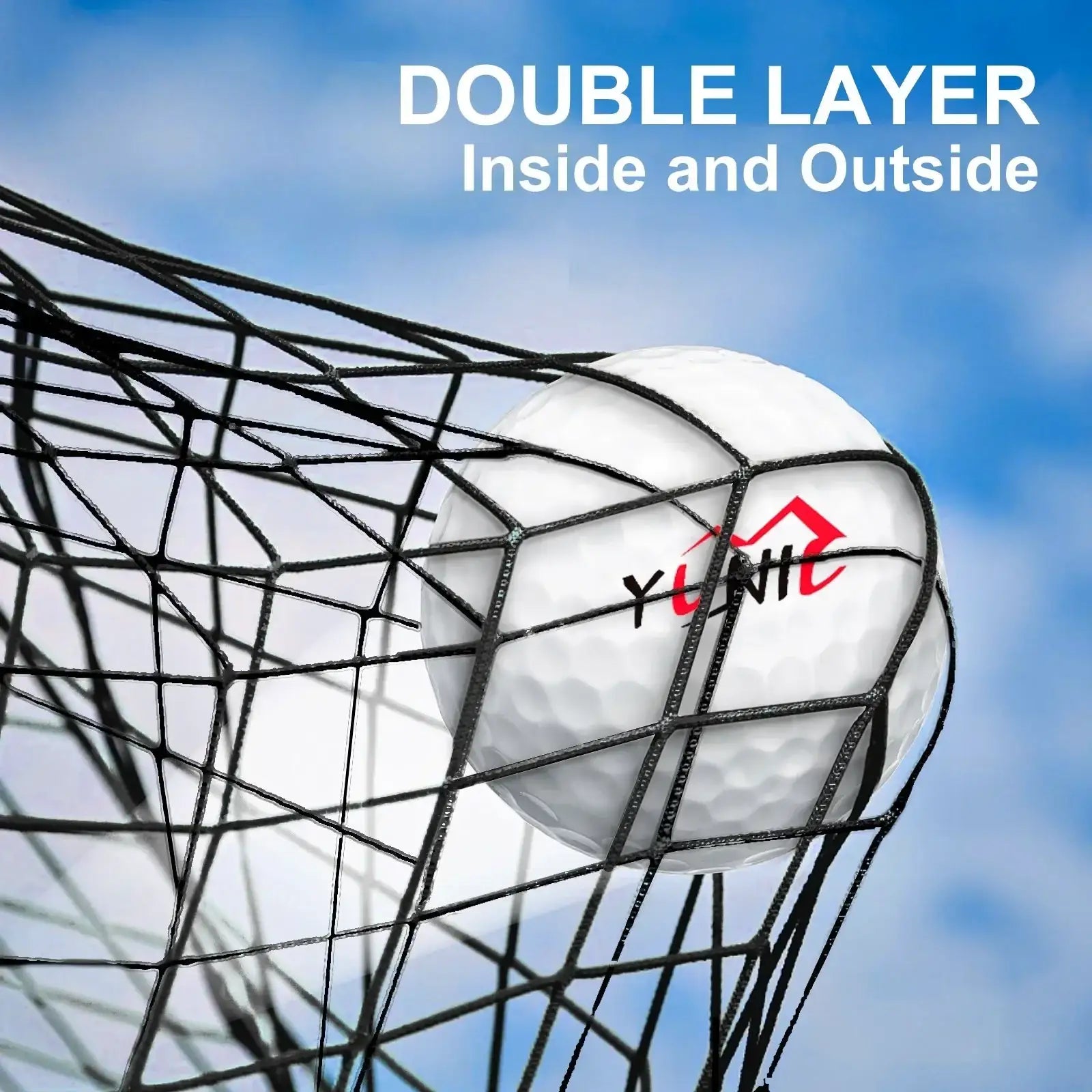 Close-up of golf ball caught in black double layer net with blue sky background