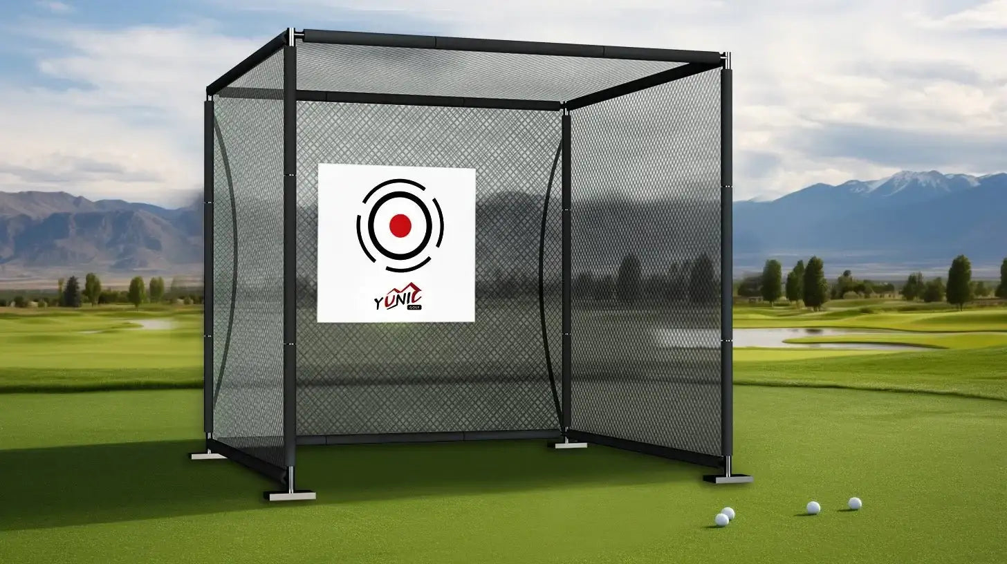 Black golf driving practice cage with target net on green field and golf balls