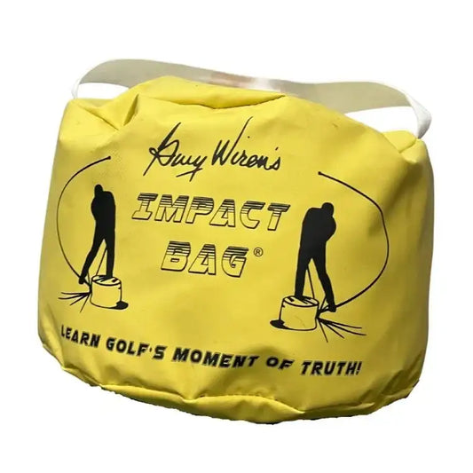 Yellow Gary Wiren's Impact Bag golf training aid with black golfer silhouettes and white strap