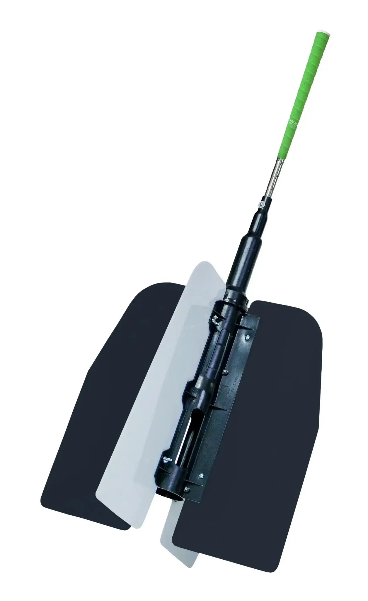 Golf power swing training aid with green grip and black plastic adjustable fins