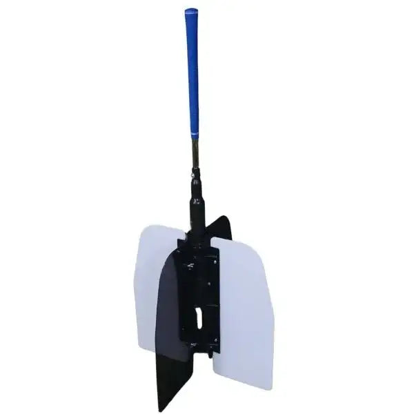 Golf power swing fan with blue grip and black and white blades for swing training