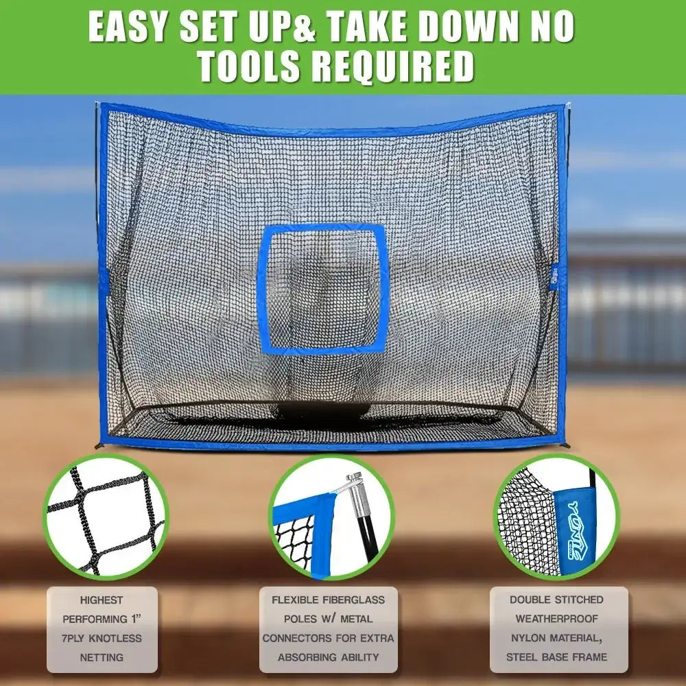 10x7 ft golf practice net with blue frame, flexible fiberglass poles, and knotless nylon netting