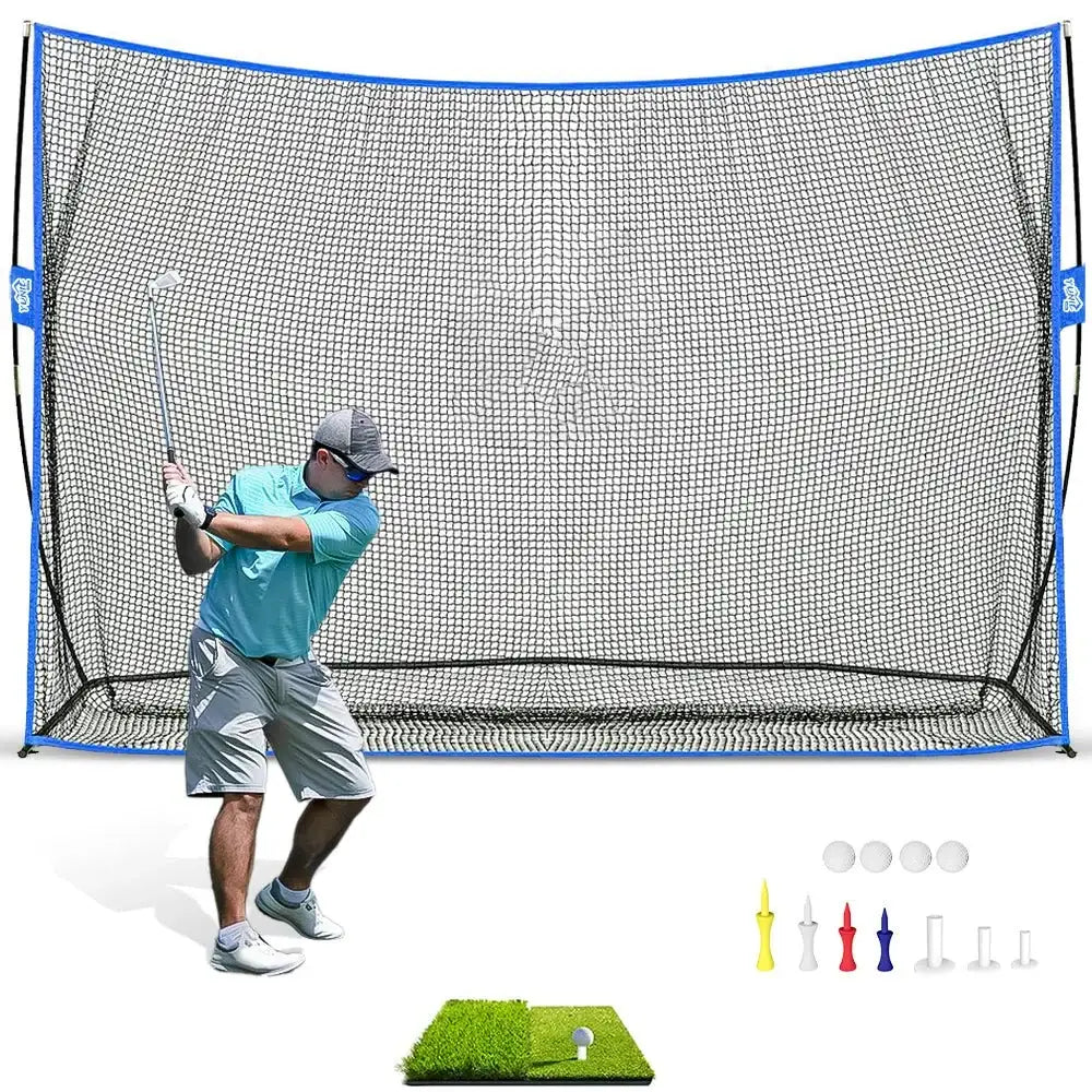 Golfer practicing swing with a large blue-framed golf practice net, hitting mat, tees, and golf balls on white background