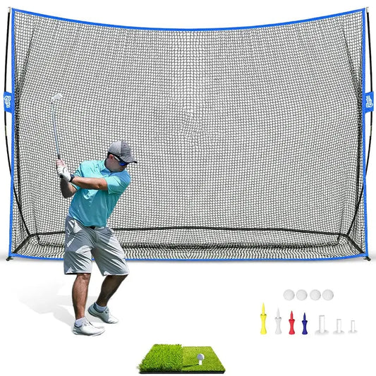 Golfer practicing swing with a large blue-framed golf practice net, hitting mat, tees, and golf balls on white background