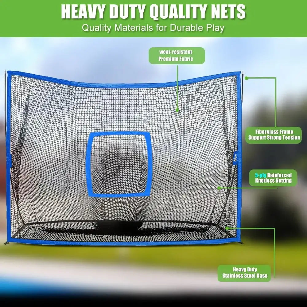 10ft x 7ft heavy duty golf practice net with blue frame, reinforced knotless netting, and stainless steel base