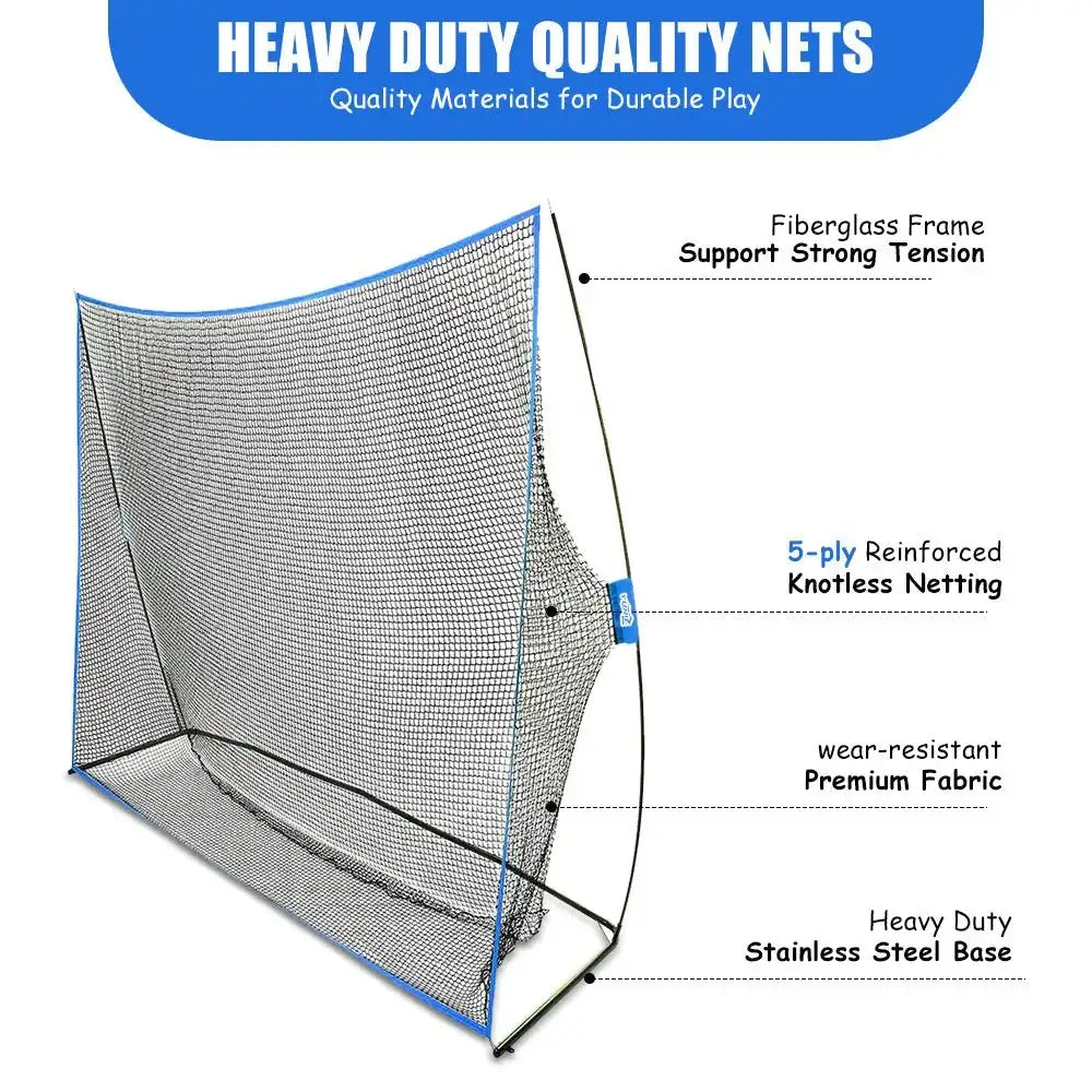 Heavy duty golf practice net with fiberglass frame, 5-ply knotless netting, and stainless steel base