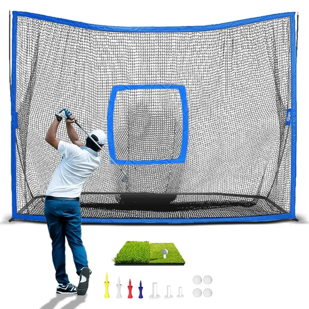 Golfer hitting a golf ball into a large blue-framed practice net with target area and included tees and balls