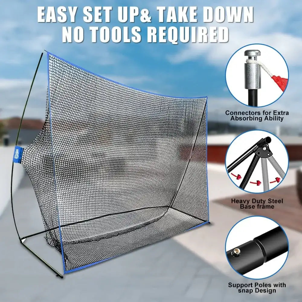 Portable golf practice net with steel frame and black mesh, easy setup without tools