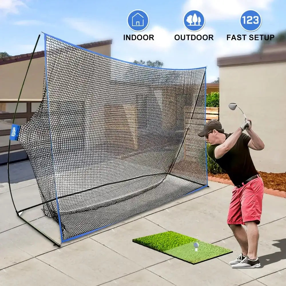 Outdoor golf practice net with man swinging golf club on concrete patio, fast setup, indoor and outdoor use