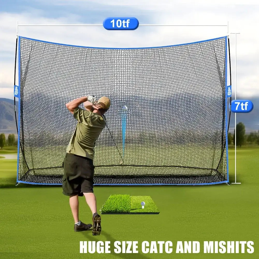 Golfer practicing swing hitting golf balls into large 10ft x 7ft outdoor golf practice net