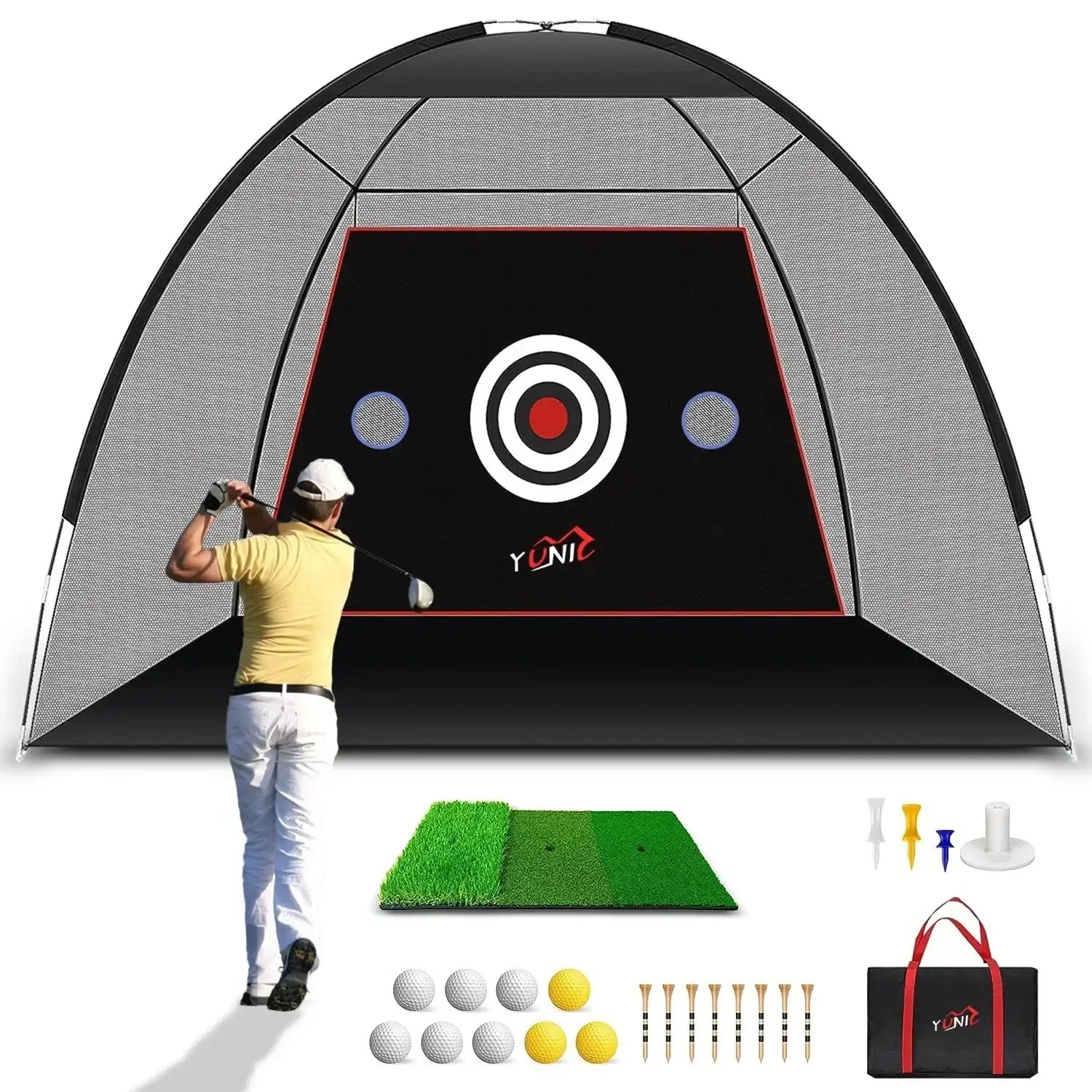 10ft x 7ft golf practice net tent with target, golfer swinging, mat, balls, tees, and carry bag