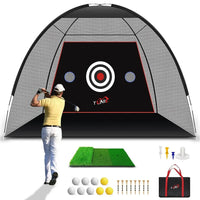 10ft x 7ft golf practice net tent with target, golfer swinging, mat, balls, tees, and carry bag