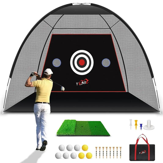 10ft x 7ft golf practice net tent with target, golfer swinging, mat, balls, tees, and carry bag