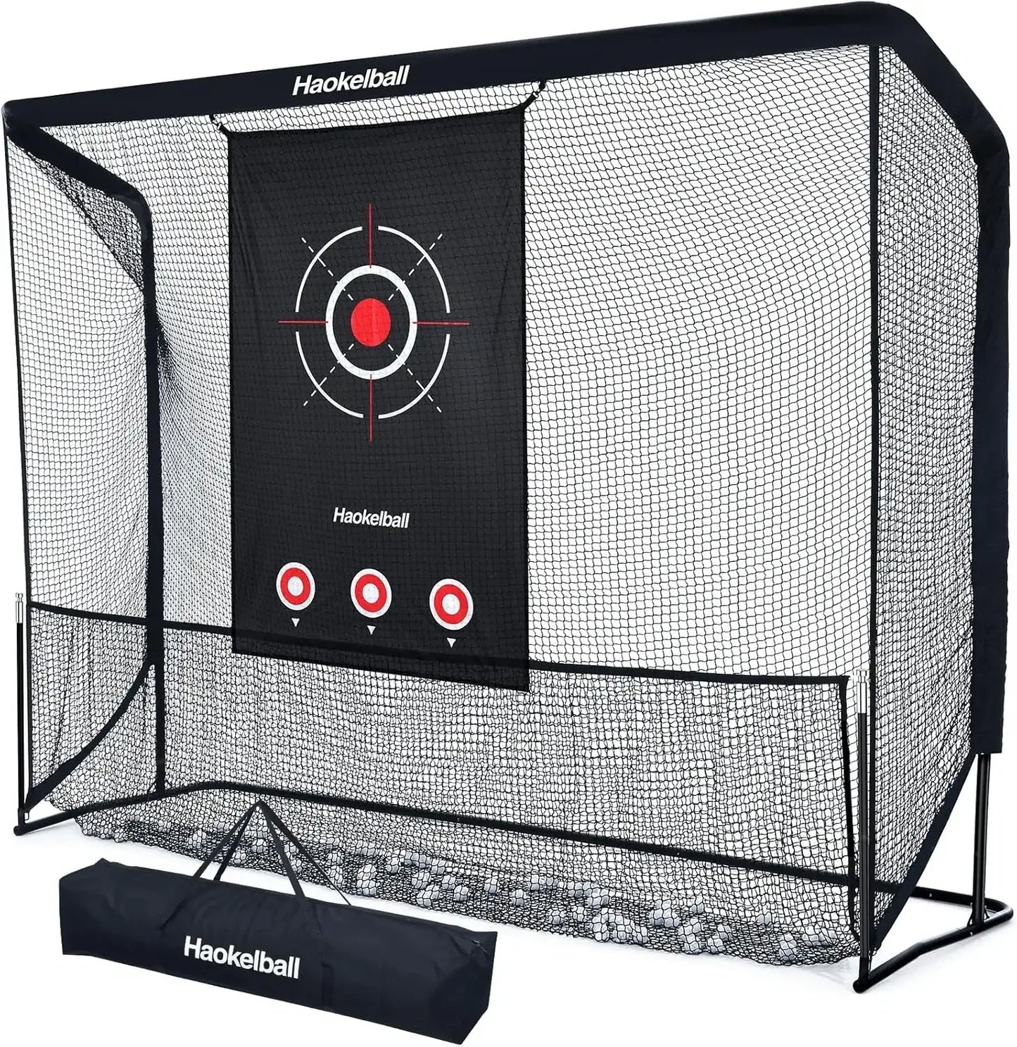 Haokelball black golf practice net with target sheet and carrying bag on white background
