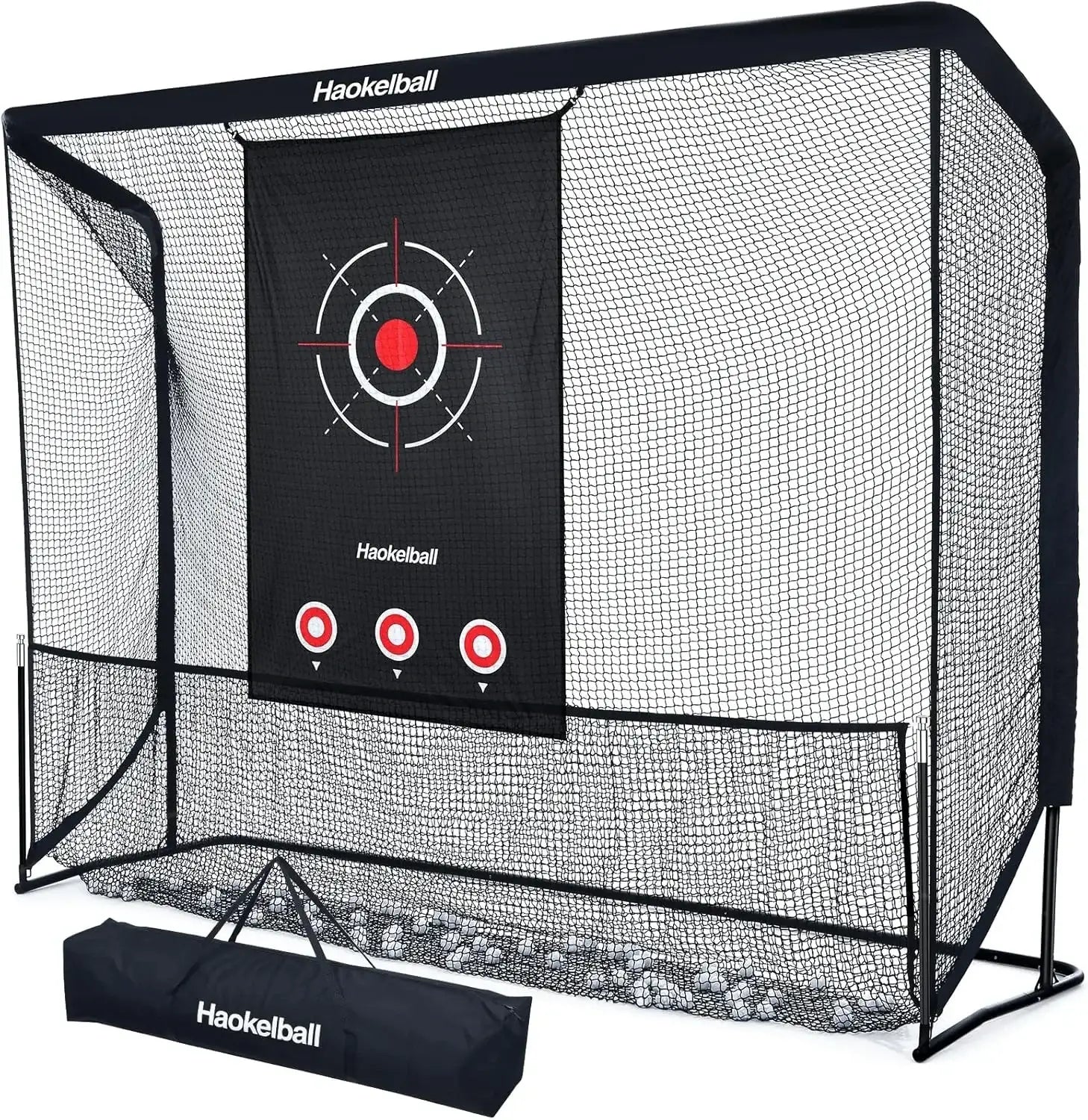 Haokelball black golf practice net with target sheet and carrying bag on white background