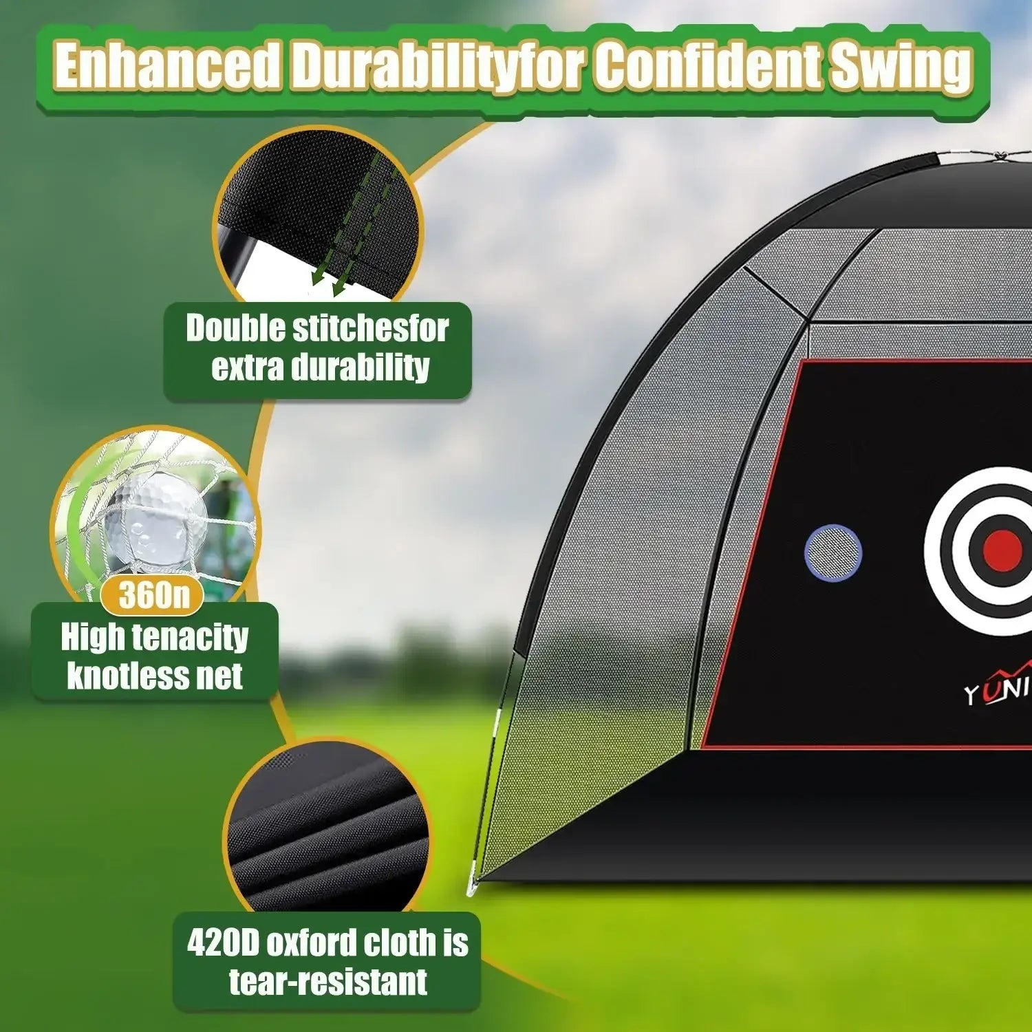Golf practice net tent with target, durable 420D Oxford cloth and high tenacity knotless net