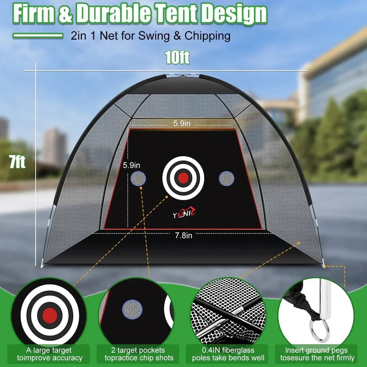 10ft x 7ft golf practice net tent with large target, two chip shot pockets, fiberglass poles