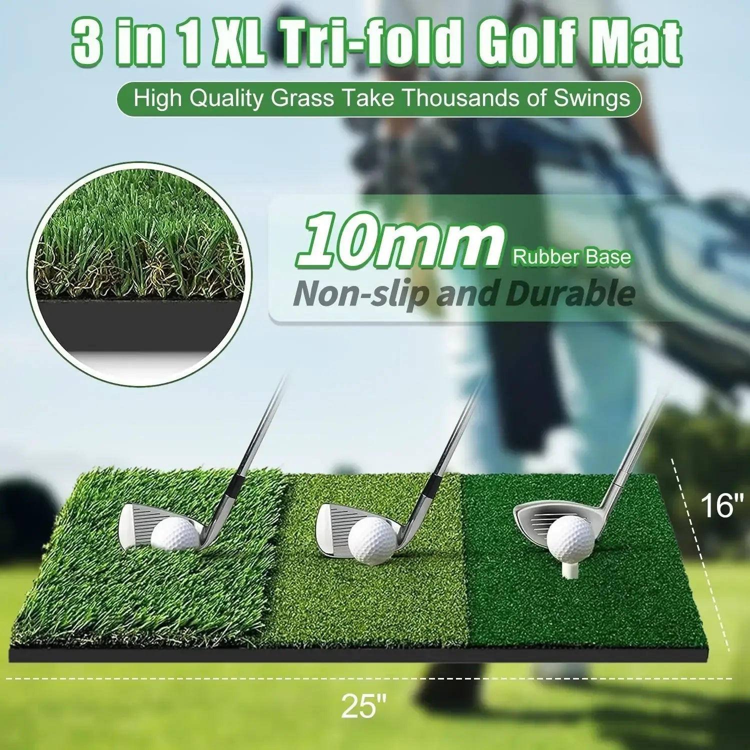 3 in 1 XL tri-fold golf mat with high-quality artificial grass and rubber base for practice swings