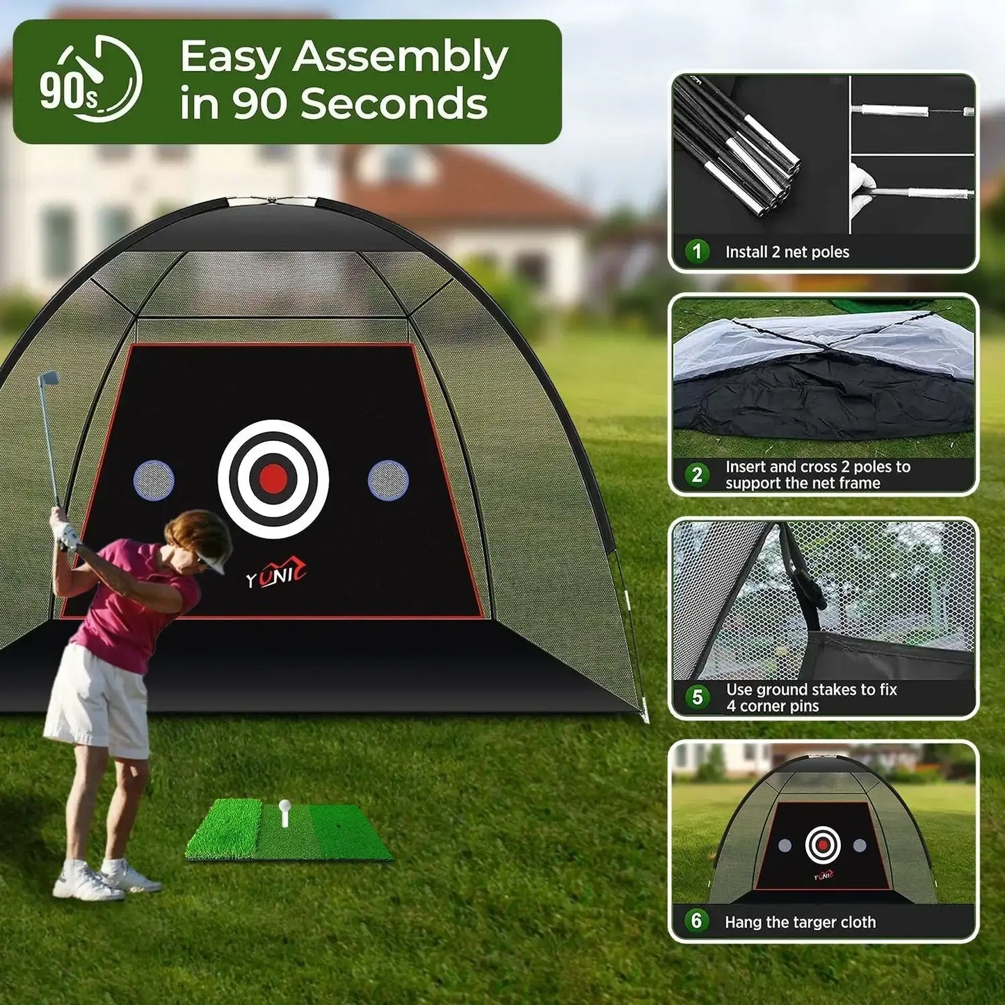 10ft x 7ft tent style golf practice net with target cloth and assembly steps