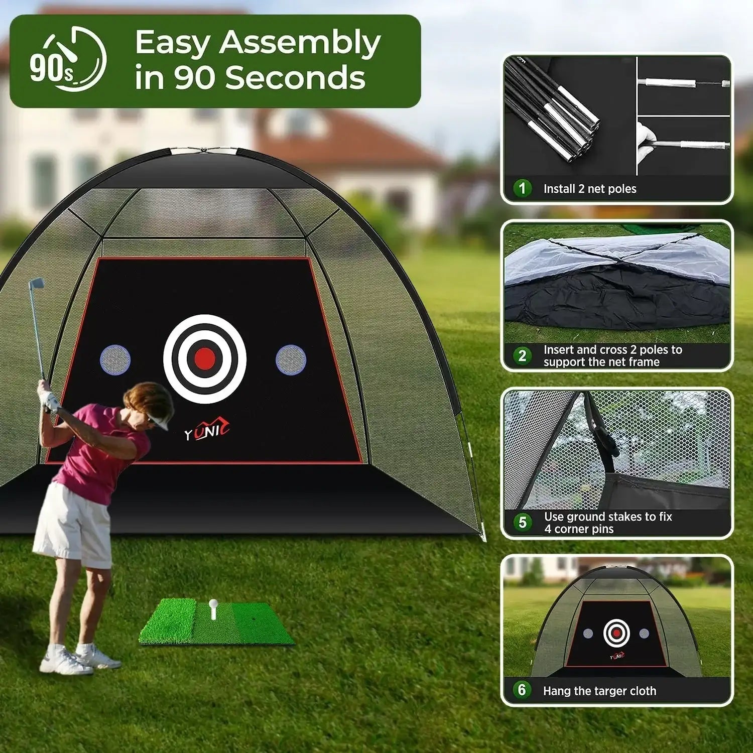 10ft x 7ft tent style golf practice net with target cloth and assembly steps