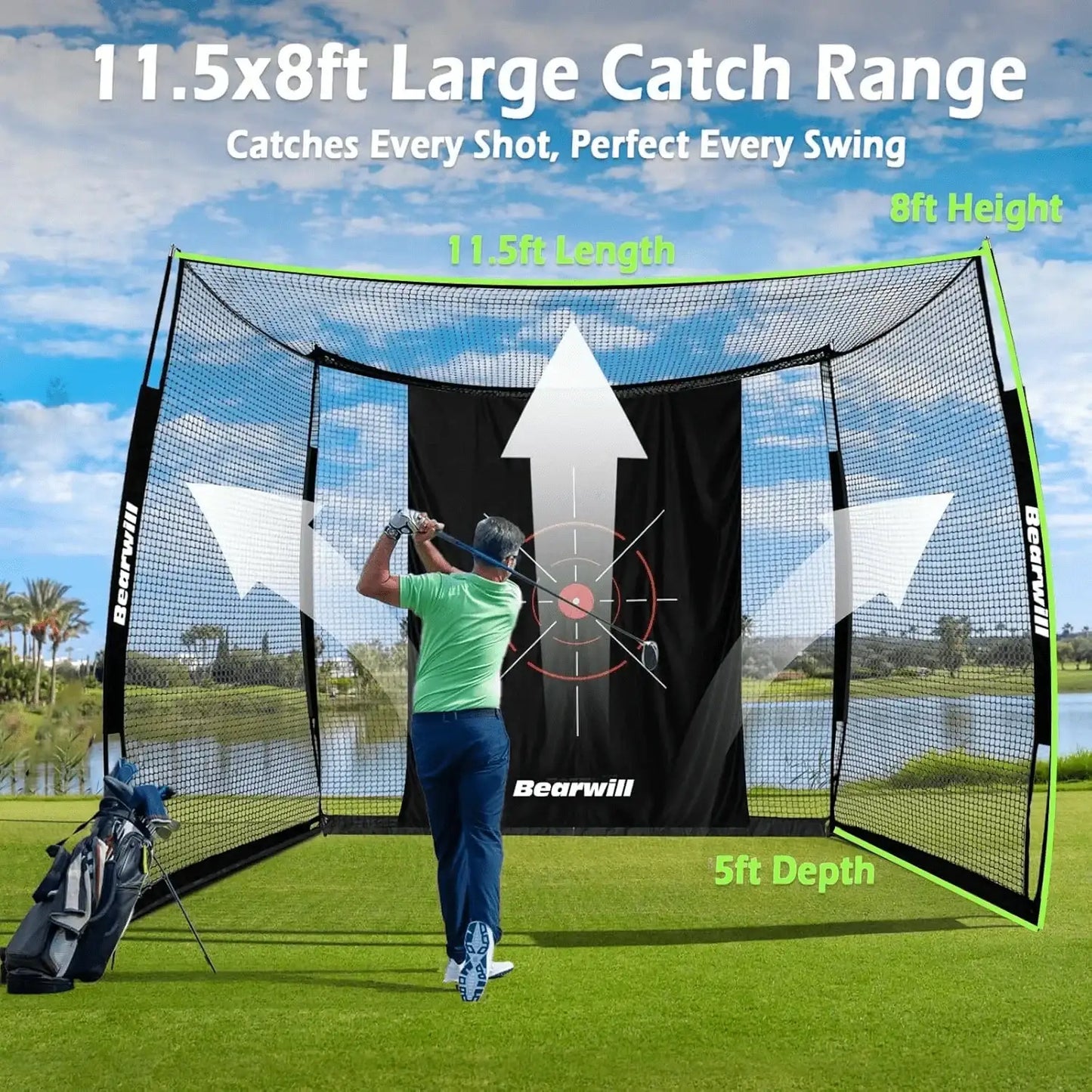 Golfer practicing swing in front of Bearwill 11.5x8ft large golf practice net with target on green course