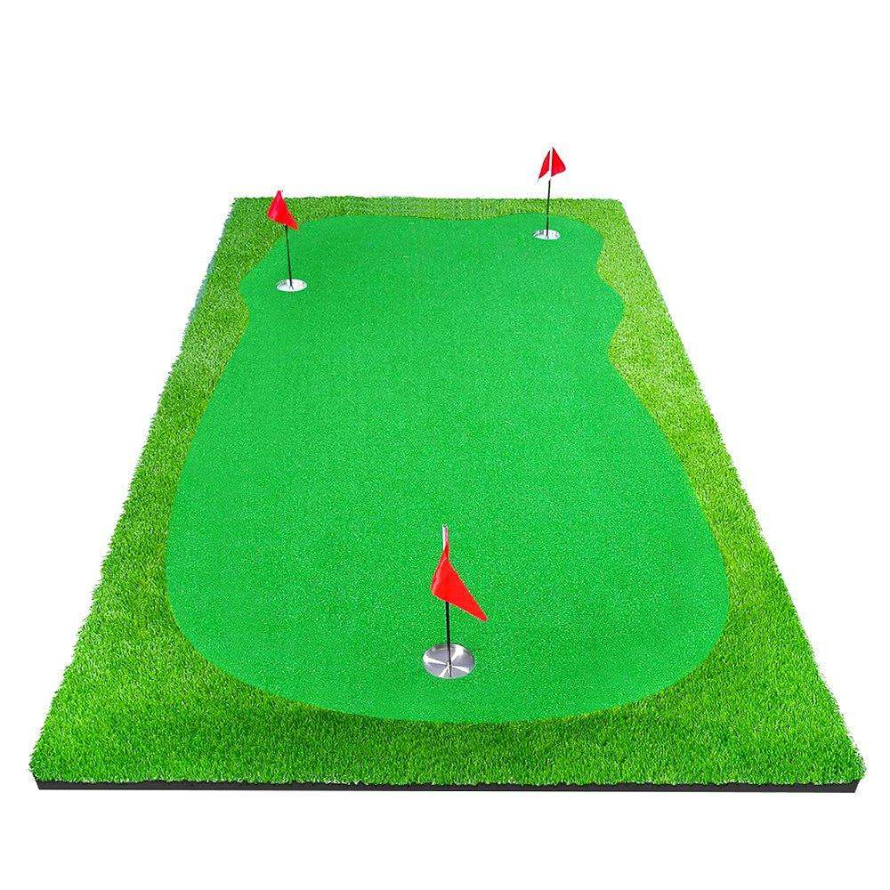 Indoor golf putting green mat with three holes and red flags on artificial grass surface