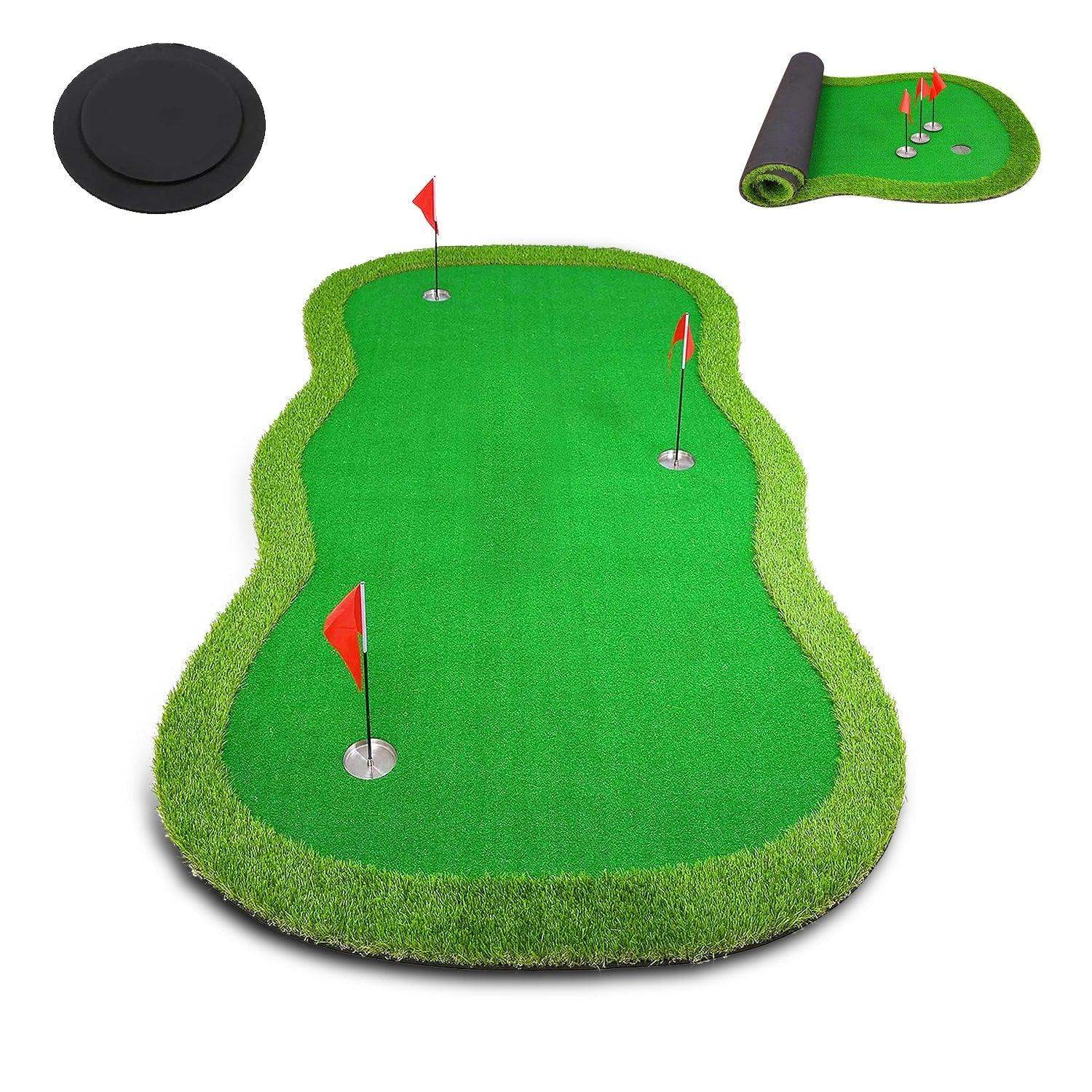 5ft x 10ft artificial turf golf putting green with three holes and red flags