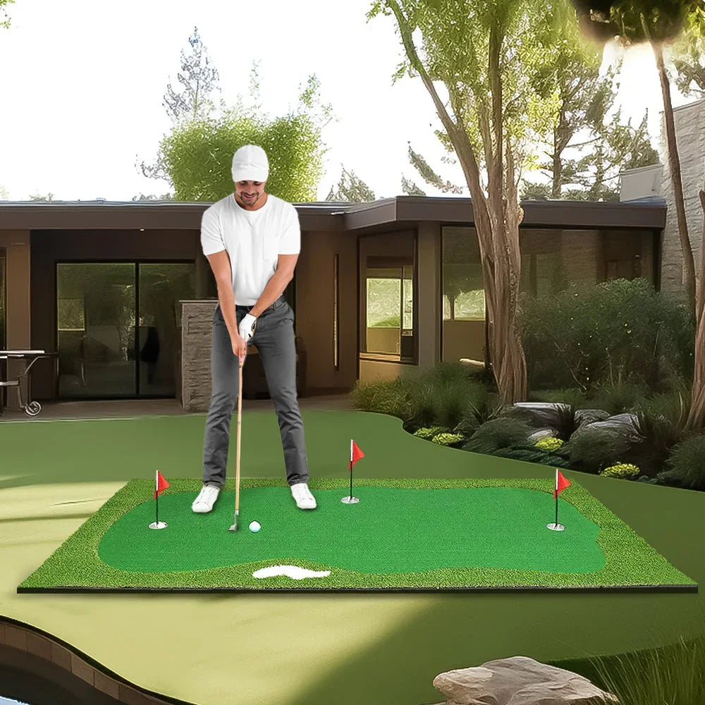 Man practicing golf putting on a 5ft x 10ft green mat with three red flags outdoors