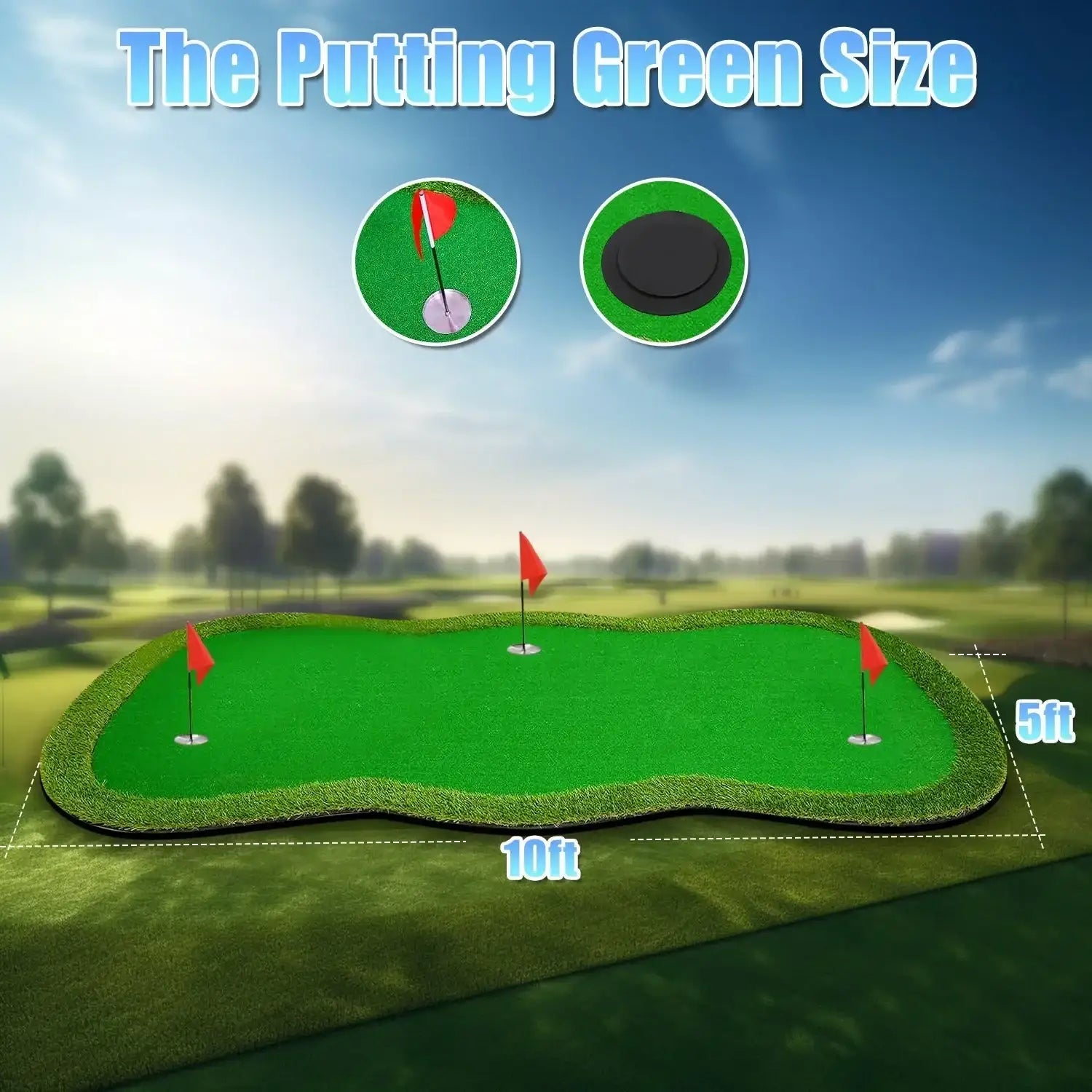 10x5 ft golf putting green mat with three red flags and hole cups on outdoor golf course