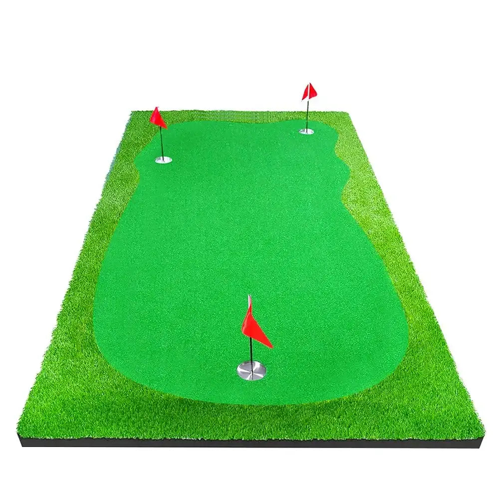 Indoor golf putting green mat with three red flags on green turf