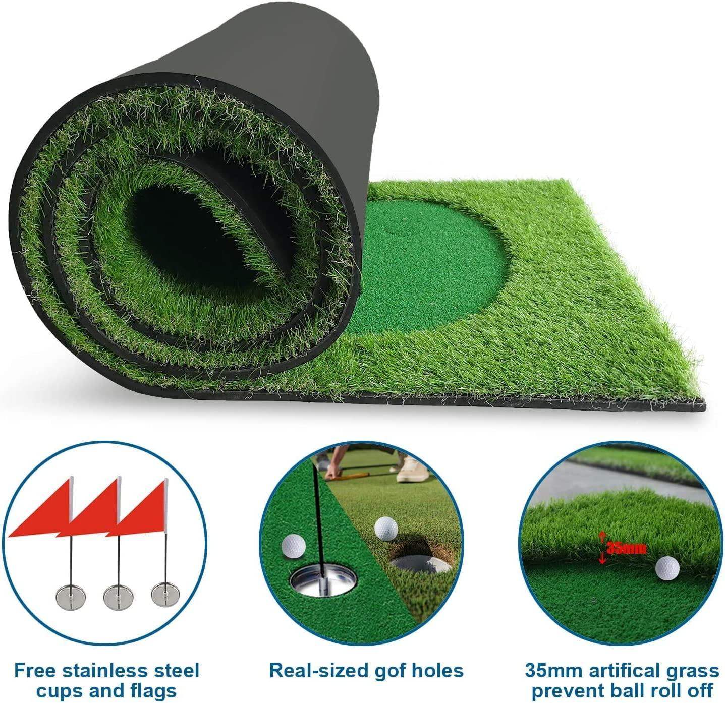 Green artificial golf putting mat rolled up with real-sized holes and flags for indoor practice