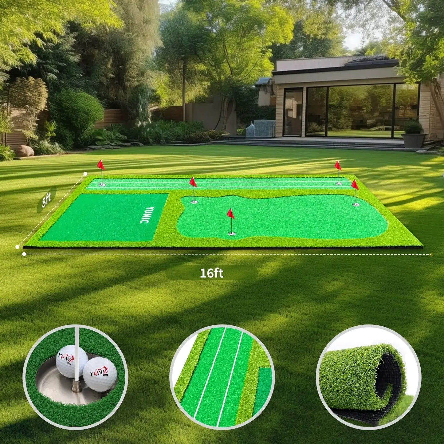 16ft by 8ft synthetic golf putting green mat with multiple holes and red flags in backyard