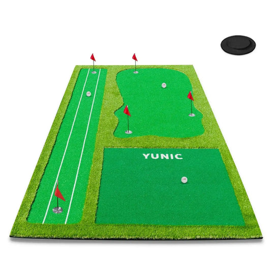 8x16ft indoor golf putting green mat with multiple holes, red flags, and golf balls