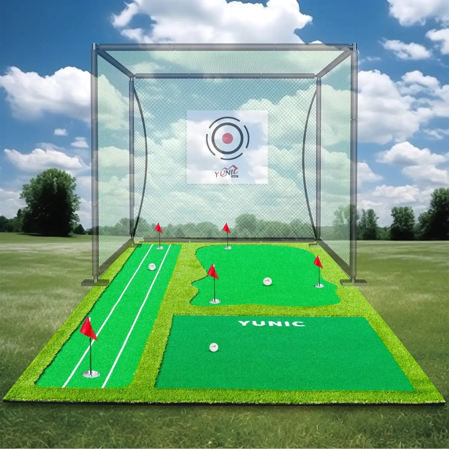 8ft x 16ft golf putting green practice mat with 4 red flags and golf balls in outdoor setting