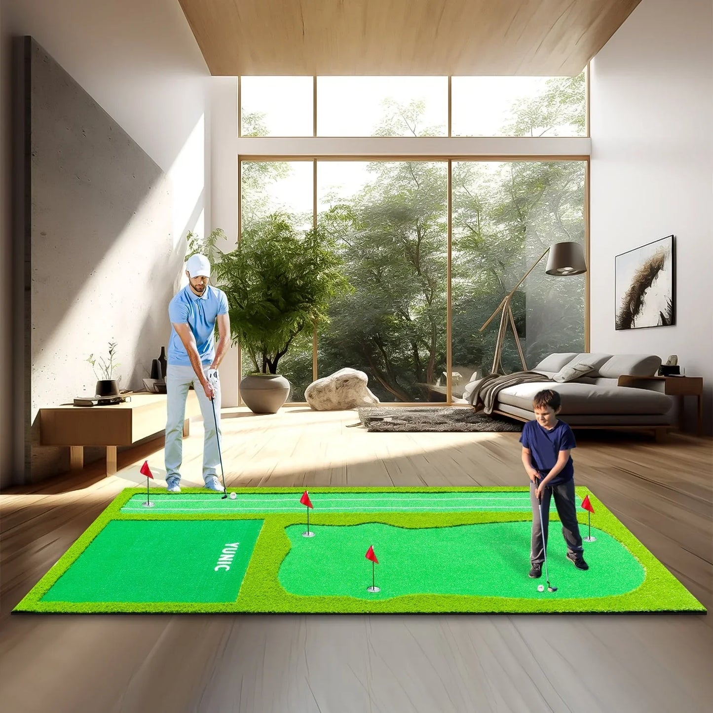 Indoor golf putting green mat with man and child practicing putting in modern living room