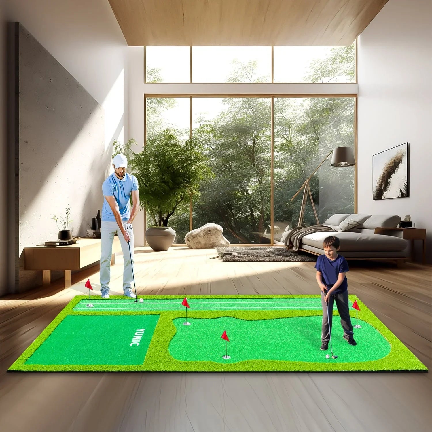 Indoor golf putting green mat with man and child practicing putting in modern living room