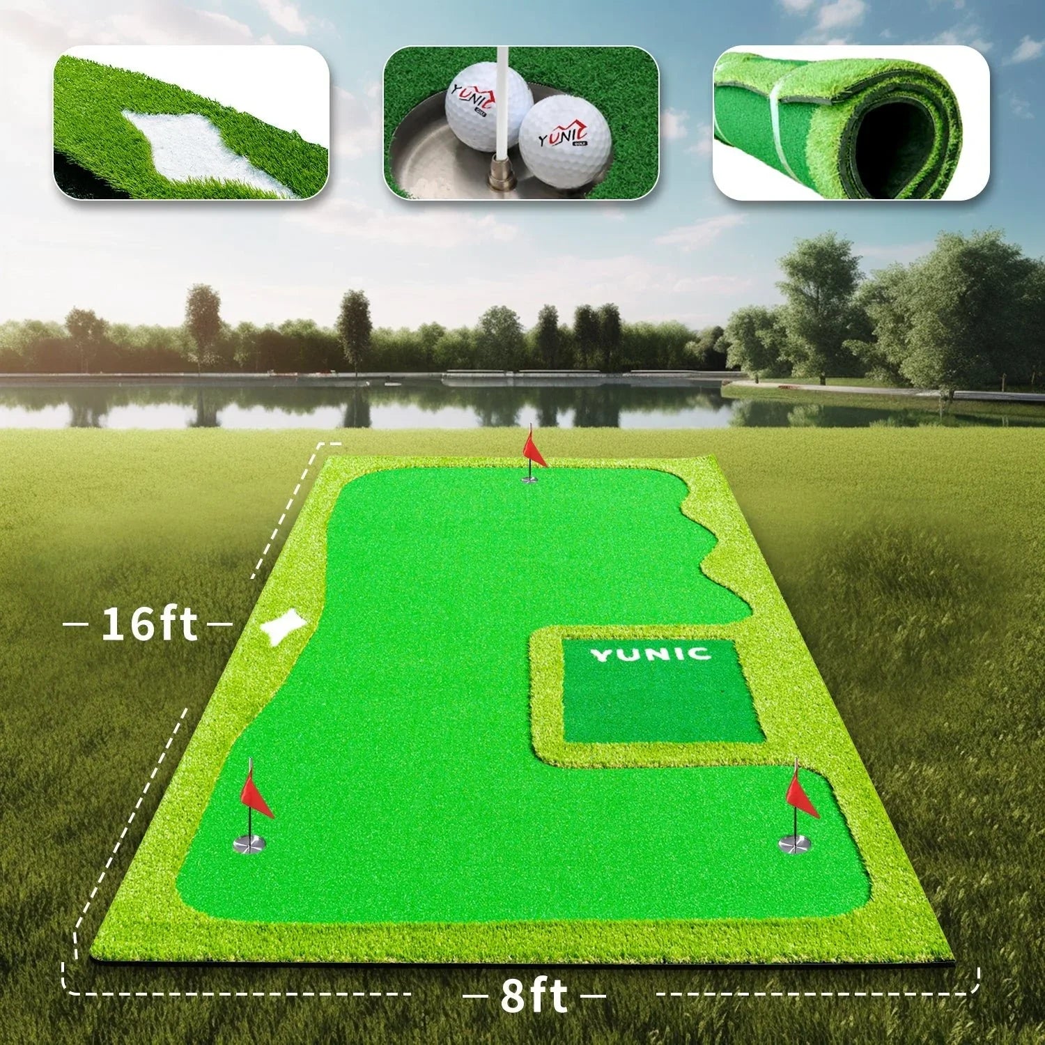 8ft x 16ft Yunic golf putting green mat with red flags and synthetic turf for outdoor practice