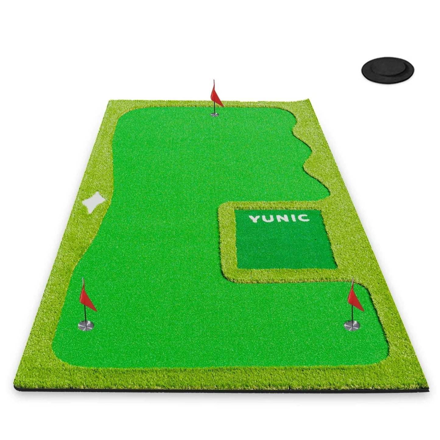 8ft x 16ft indoor golf putting green mat with three red flags and YUNIC logo