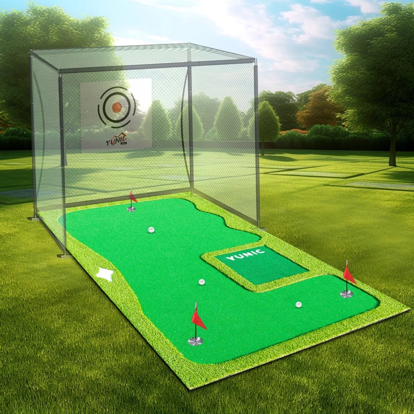 Outdoor golf putting green with red flags, golf balls, and surrounding net cage on a grassy lawn