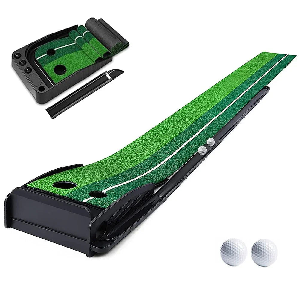 Portable indoor golf putting mat with dual holes, green turf, and two golf balls