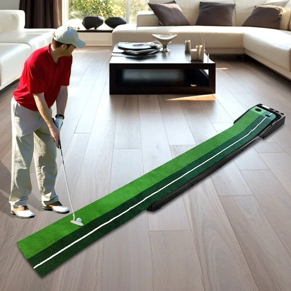 Man in red shirt using indoor portable golf putting mat in living room with wooden floor