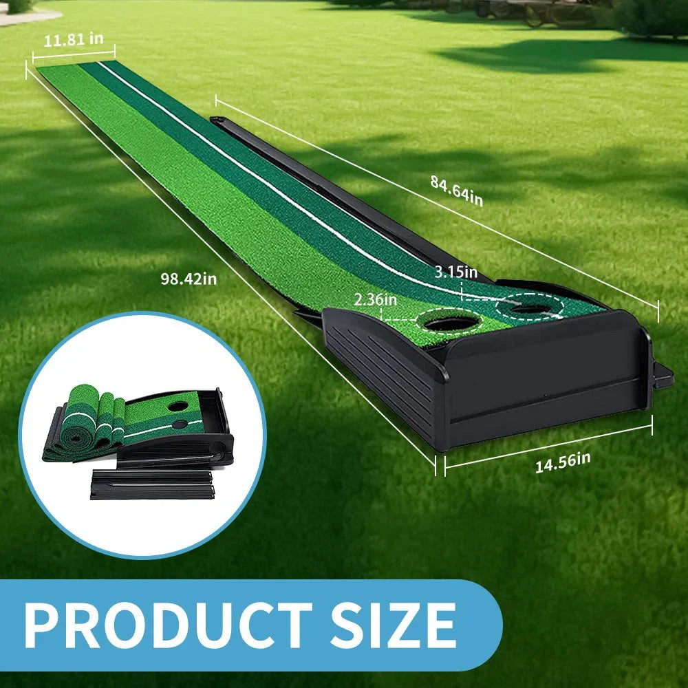 Portable golf putting mat with dual holes and size dimensions shown, laid on grass