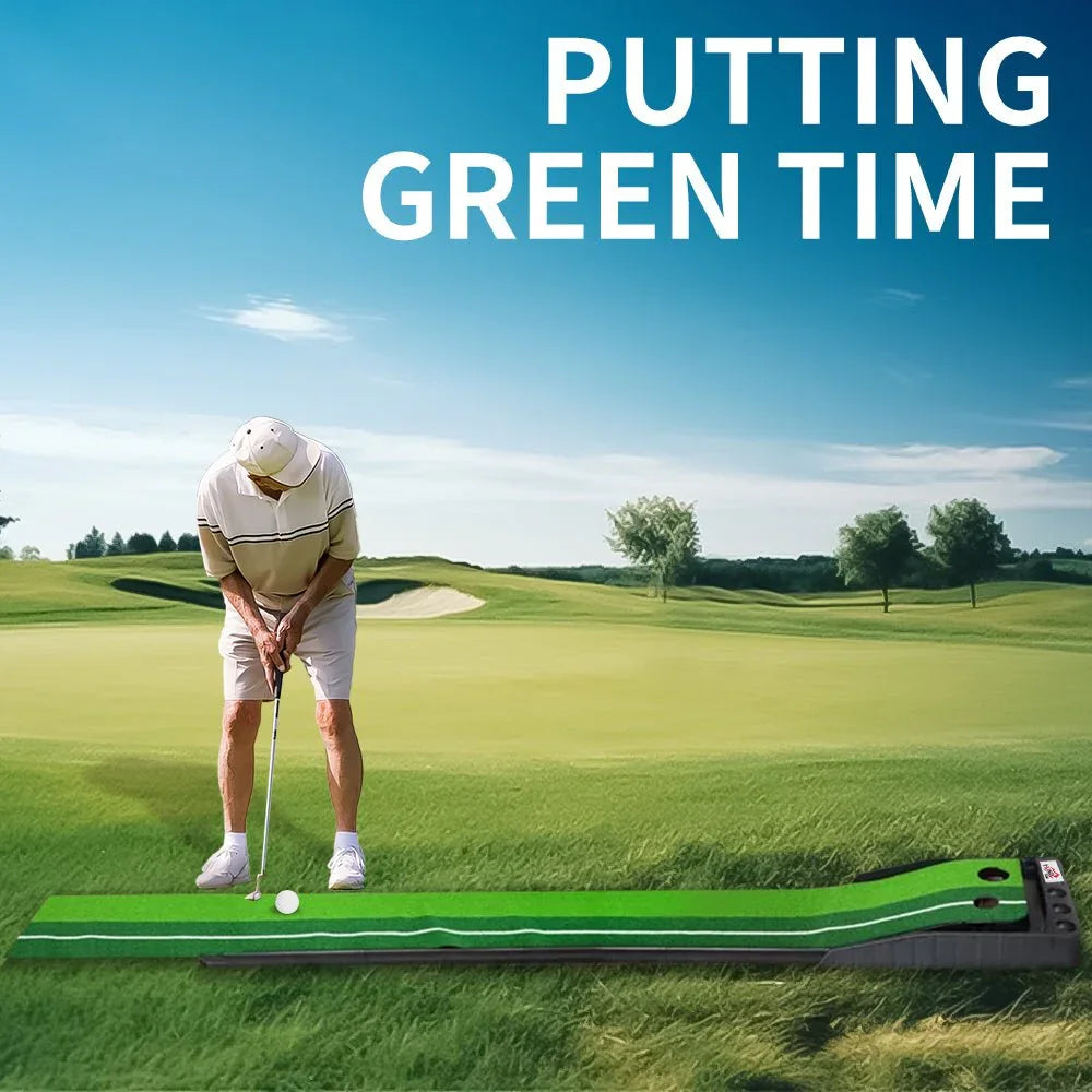 Man practicing golf putting on portable indoor putting green mat outdoors on grass